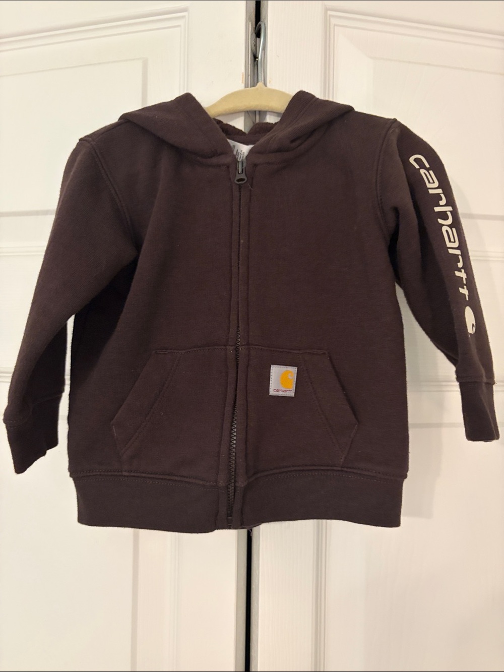 Carhartt Kids Chocolate Brown Full-Zip Hoodie with Sleeve Logo Size 6-12 Month